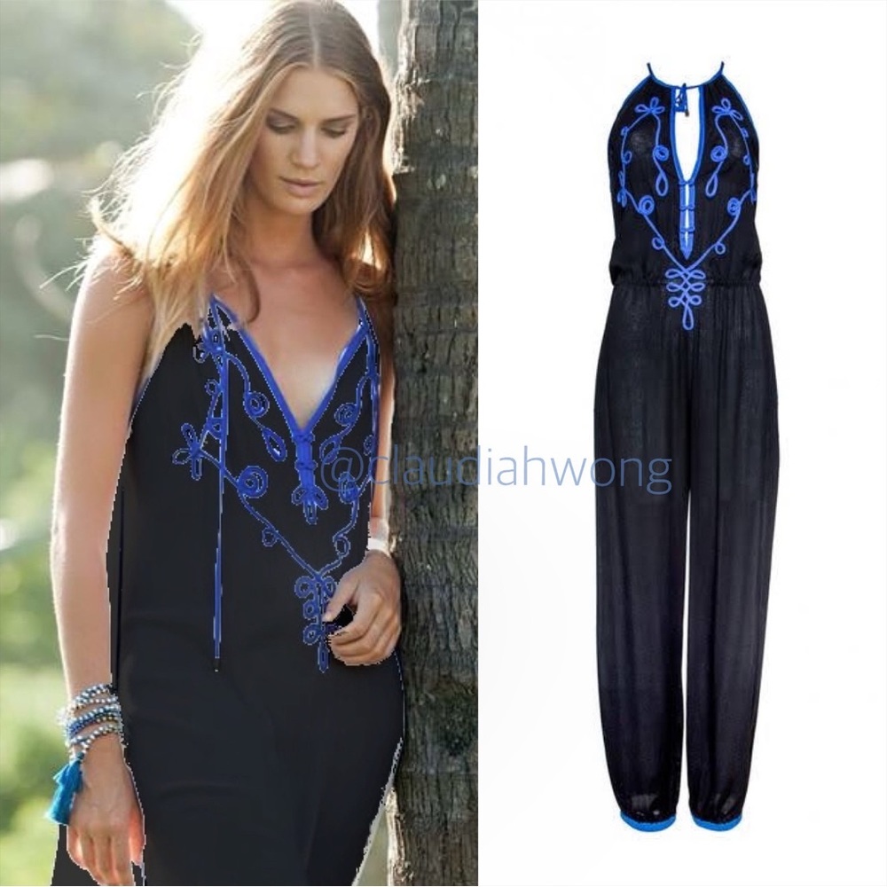 POUPETTE ST. BARTH Java Embroidered Keyhole Halter Long Jumpsuit in Black